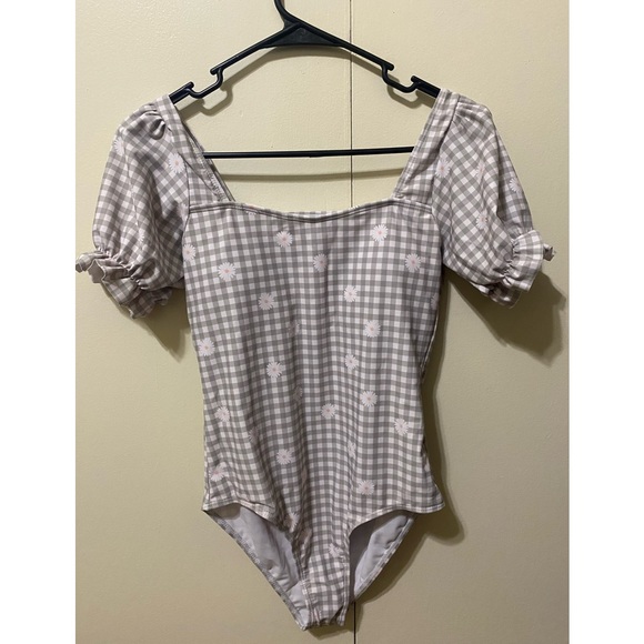 Teen Girls Random Daisy & Gingham Print Puff Sleeve One Piece Swimsuit - Picture 1 of 1